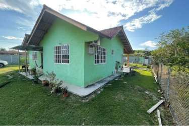 Fenced yard with lawn, driveway entrance, green home Nueva Gorgona Panama