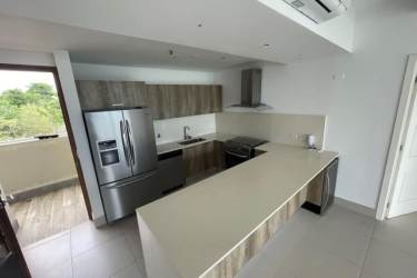 Bathroom with glass enclosed shower, modern vanity, vessel sink in Punta Caelo Panama