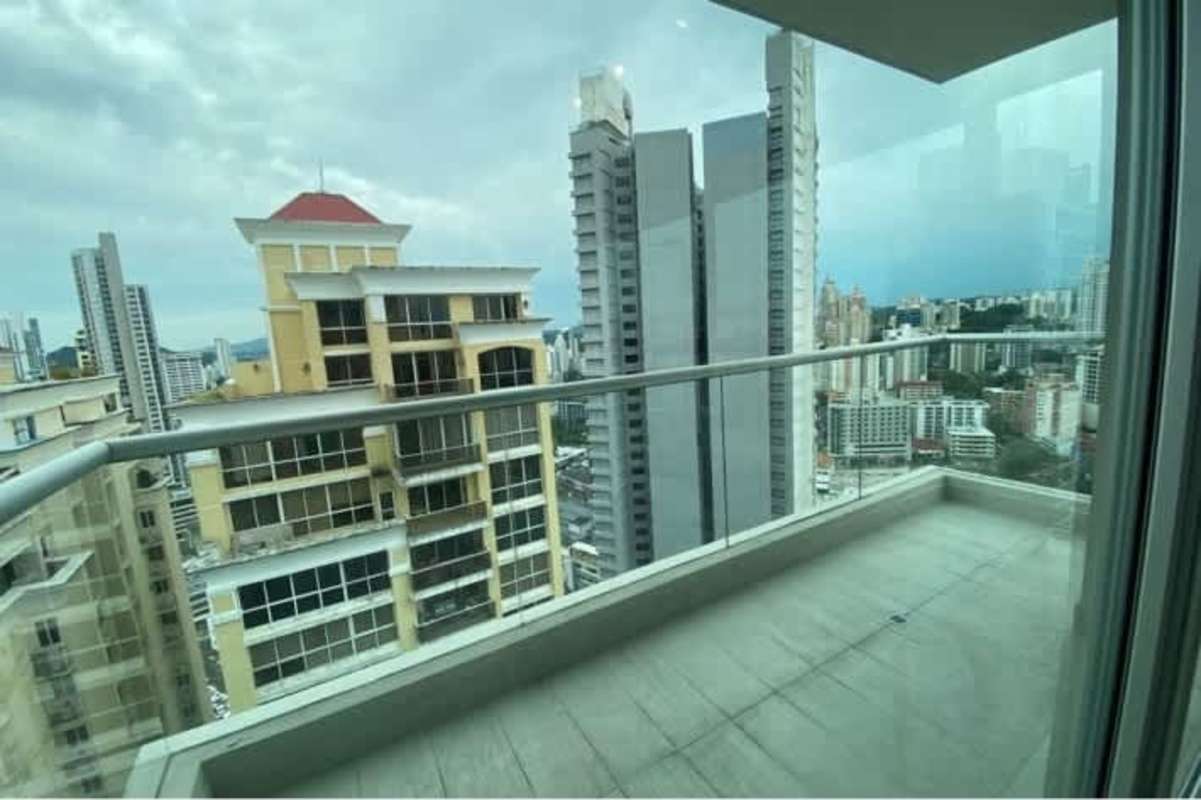 Private balcony with skyline view from apartment at PH Le Mare Tower Obarrio Panama