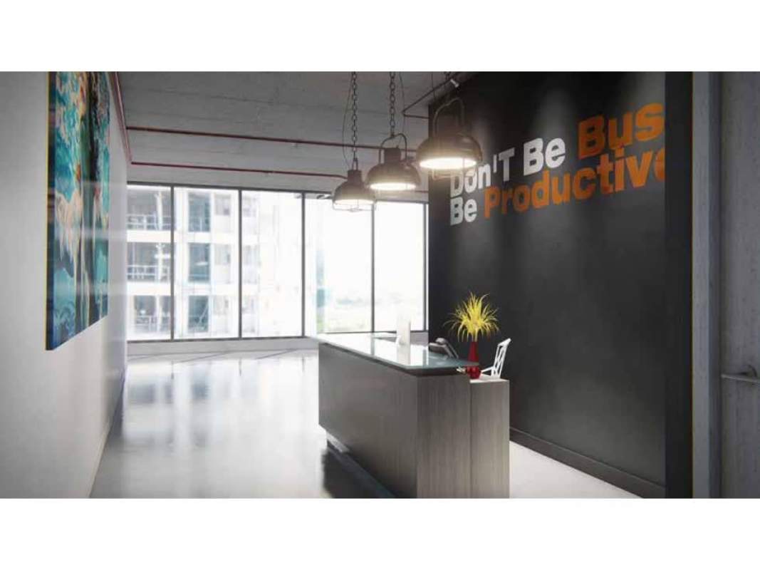 Office reception with large windows, wall quote and minimalist furniture in PH BICSA