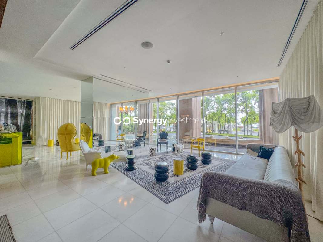 Balcony overlooking Pacific Ocean and skyline at Yoo Panama luxury condo