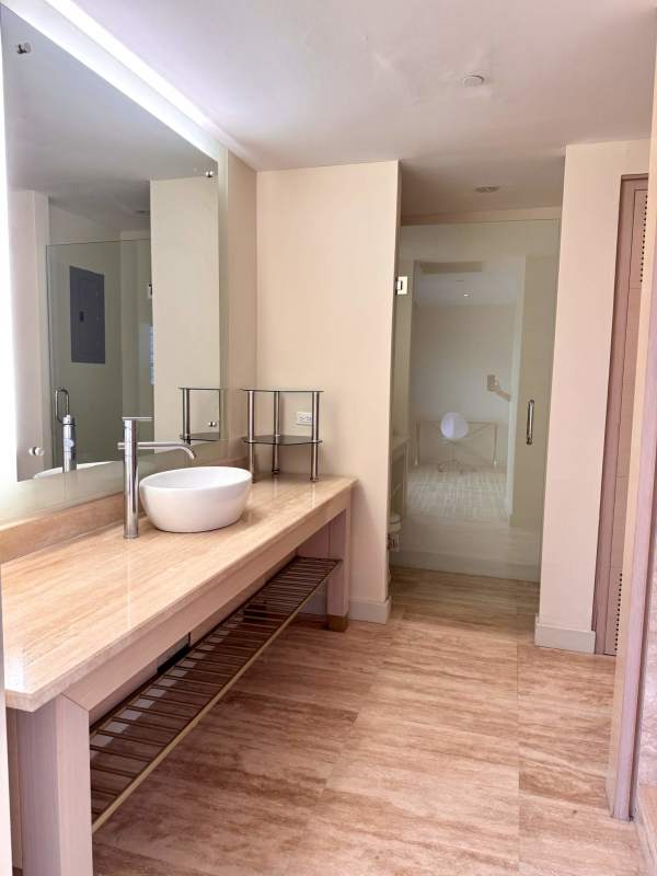 Luxury bathroom marble countertop glass shower Waldorf Astoria rental Marbella Panama