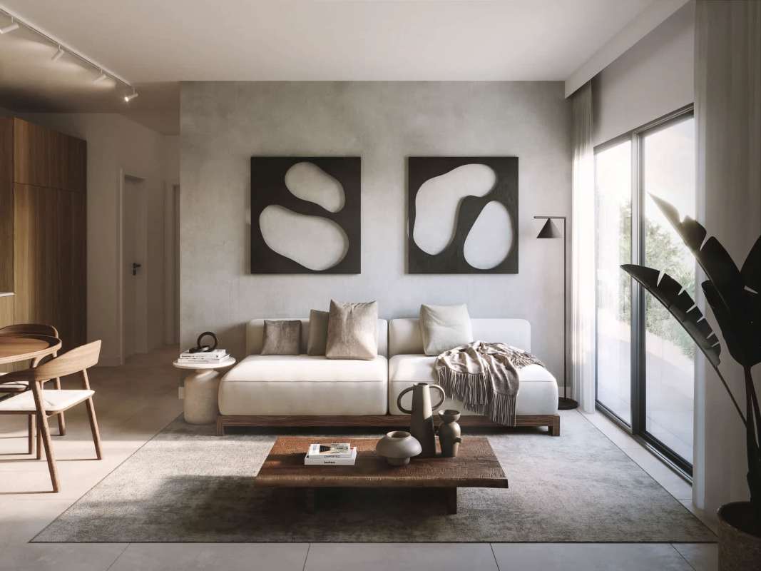 Minimalist kitchen with wood cabinetry and dining area in PH Amara El Cangrejo Panama