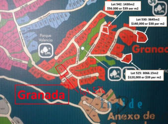 Development map of Granada area showing residential lots sizes prices and parks
