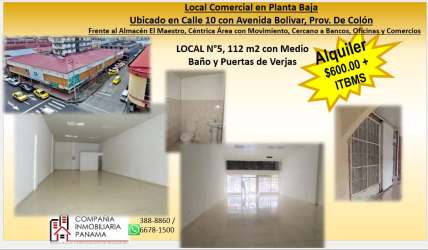 Interior and corner street exterior of commercial property for rent with red roof in Barrio Sur Colón