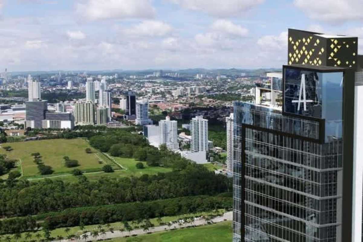 Modern glass skyscraper in Costa del Este overlooking park and city
