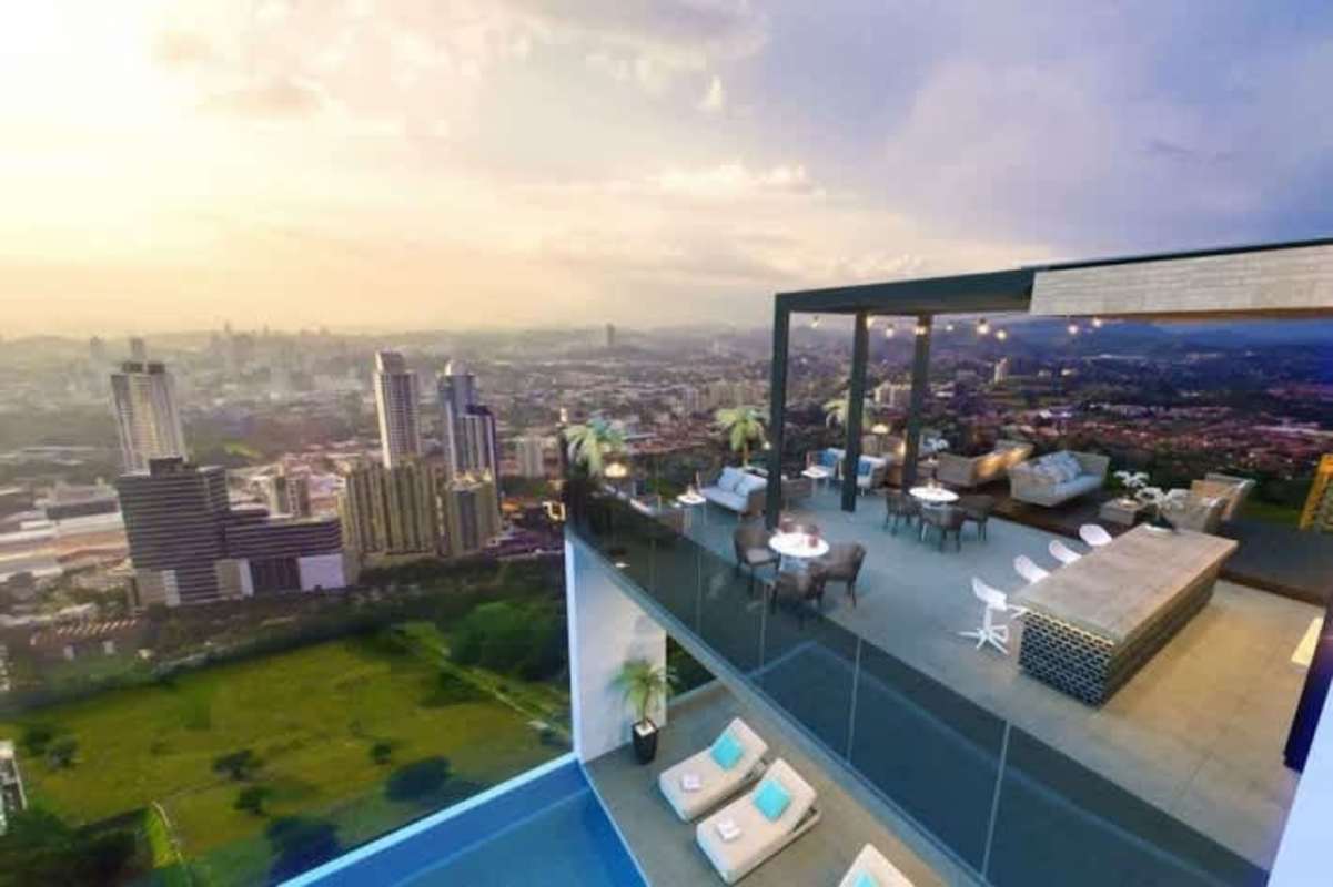 Rooftop garden with infinity pool lounge chairs skyline views PH Arcadia
