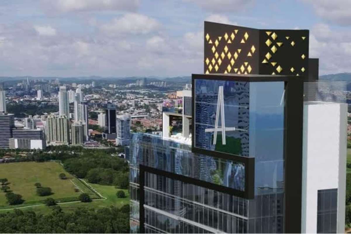 Top view of PH Arcadia skyscraper with illuminated rooftop and surrounding skyline