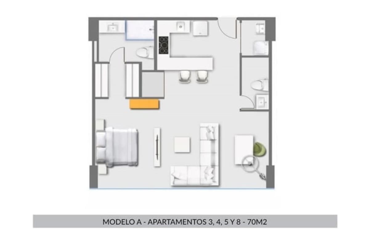 Layout of one-bedroom apartment with kitchen dining two baths Arcadia Panana Costa del Este
