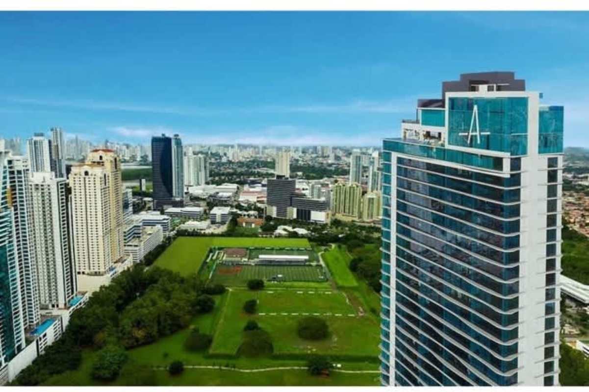 Aerial view of Arcadia high-rise tower Costa del Este surrounded by skyline Panama
