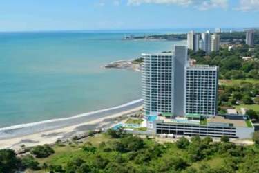 Aerial view of Royal Palm beachfront high-rise towers along Playa Gorgona Panama