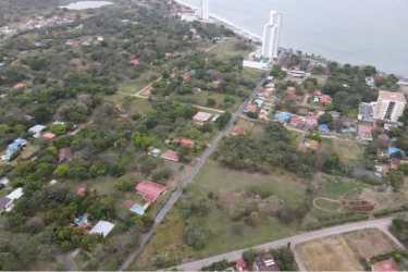 Aerial beach neighborhood houses condos greenery in Nueva Gorgona Panama