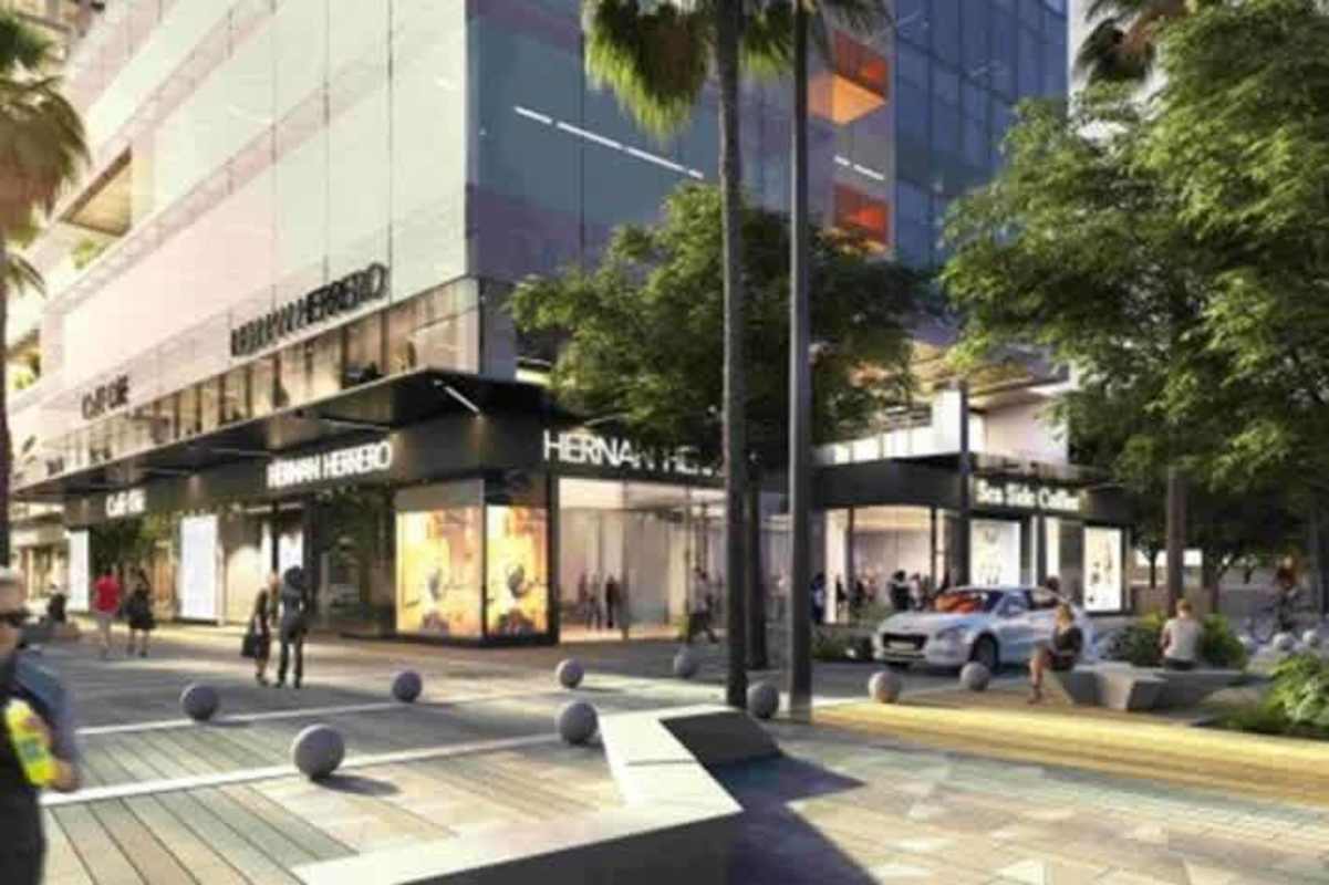 Modern commercial retail shops and pedestrian plaza at PH Uptown Panama in Calle Uruguay district