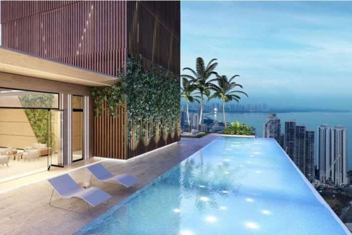 Infinity rooftop pool with panoramic ocean and city views at The Towers Luxury Residences Panama