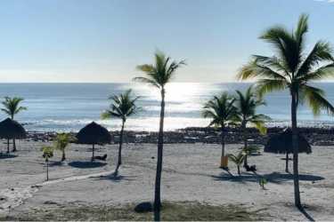 Private sandy beach palm trees palapas calm ocean San Carlos Panama
