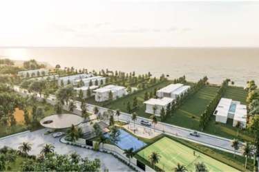 Concept beachfront home with flat roof, glass doors, white walls, landscaped yard, ocean in background at Río Hato