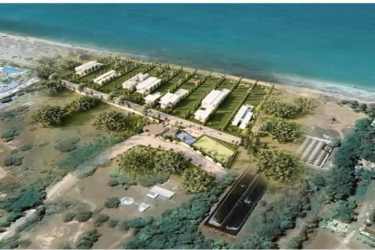 Aerial view of luxury beachfront residences and resorts with lush gardens at Playa Río Hato Panama