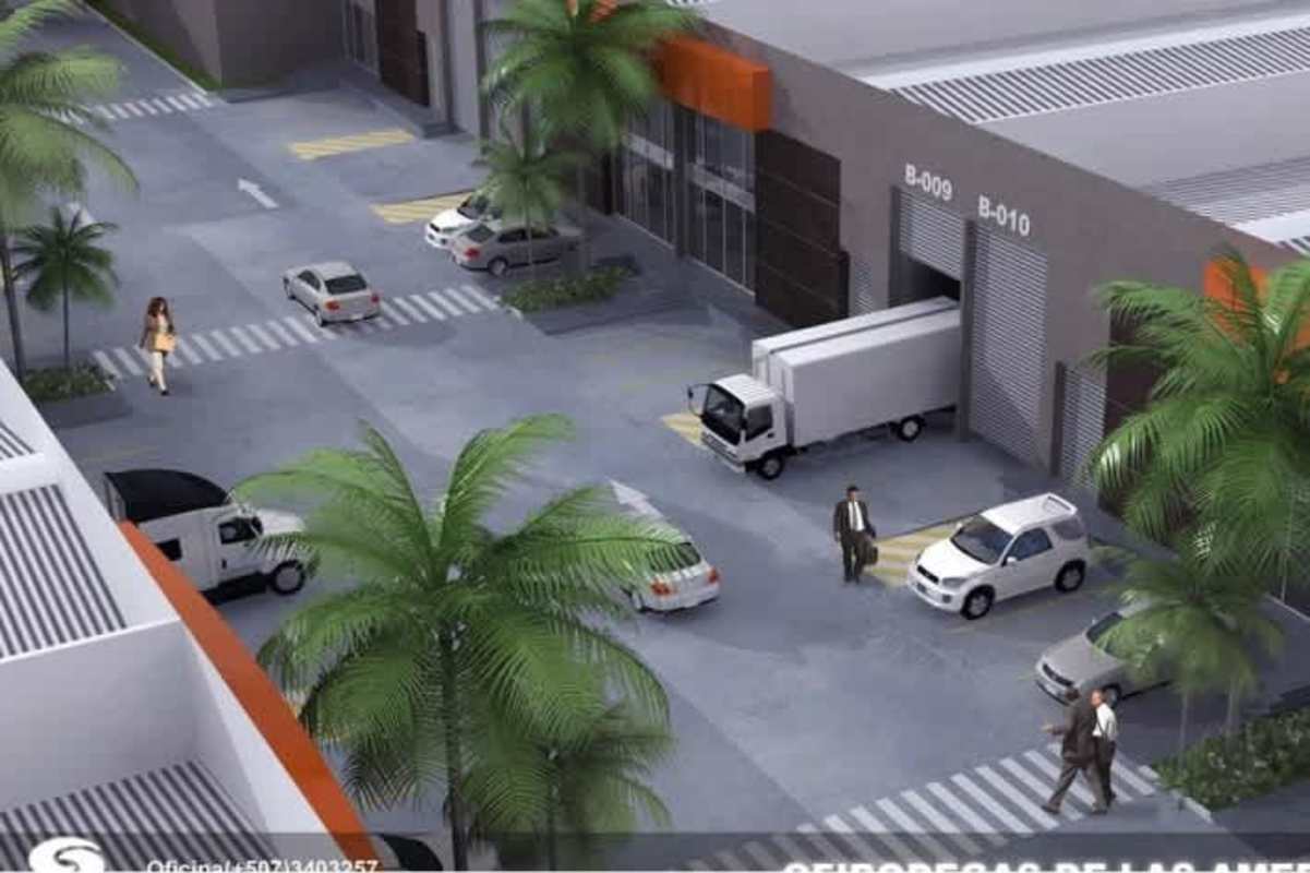Aerial view of warehouses with loading bays, parking, access roads at Las Americas Park Panama