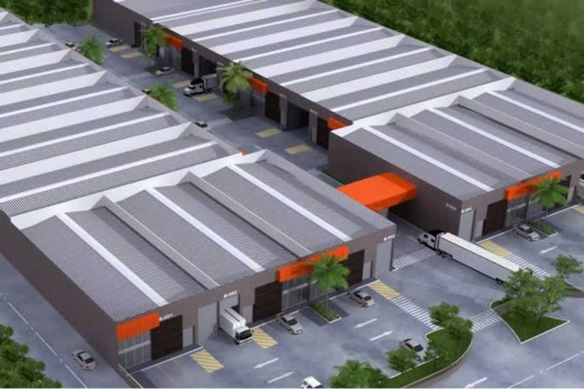 Aerial view of modern industrial warehouses with truck docks in La 24 de Diciembre Panama City