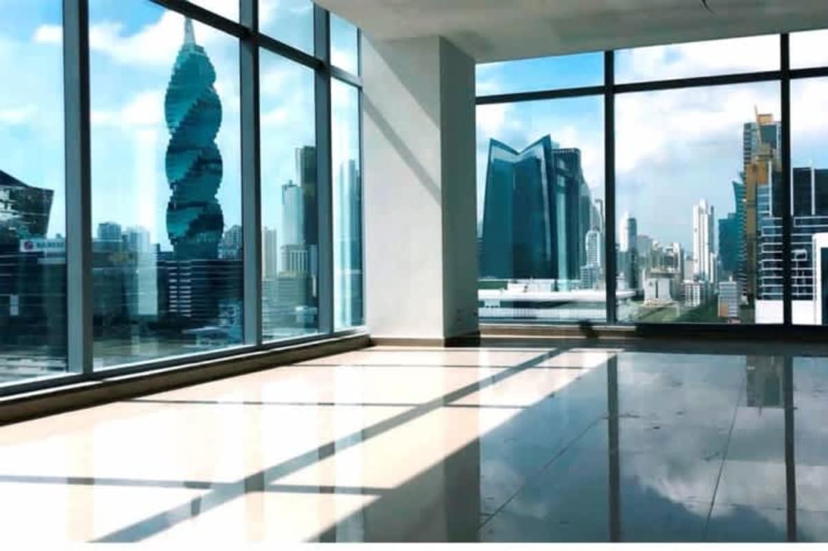 Empty office space with tile floors and glass windows Obarrio PH Panama Business Tower Panama City
