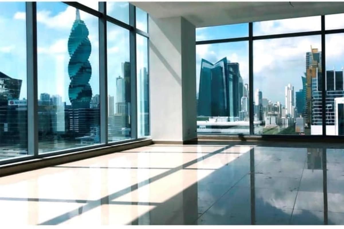 Lobby lounge with modern seating at Panama Business Tower corporate building Panama City