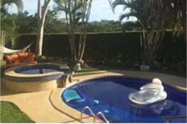 Resort-style backyard with swimming pool, jacuzzi, hammock, tropical plants in luxury Coronado rental