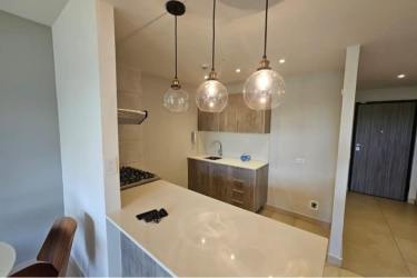 Open concept kitchen with quartz countertops, gas stove, wood cabinets in PH Parterre Panama