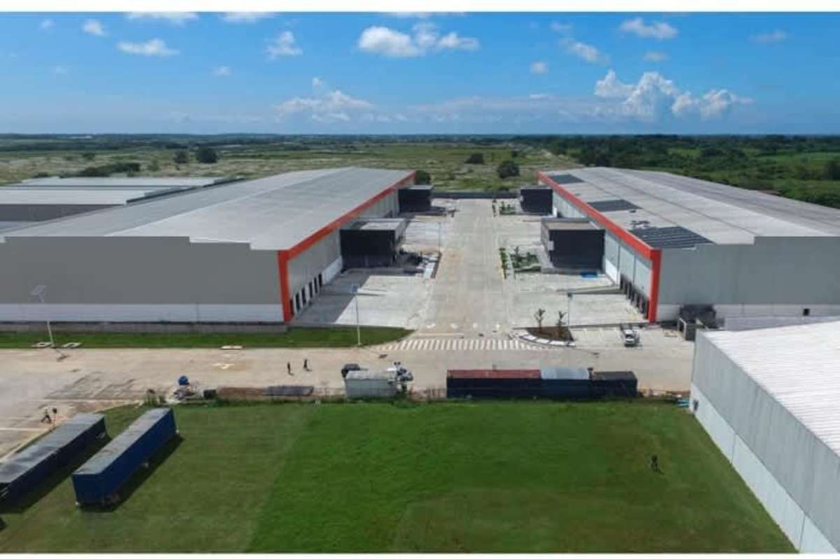 Drone view of Panapark Free Zone industrial complex with solar panels near Tocumen Panama