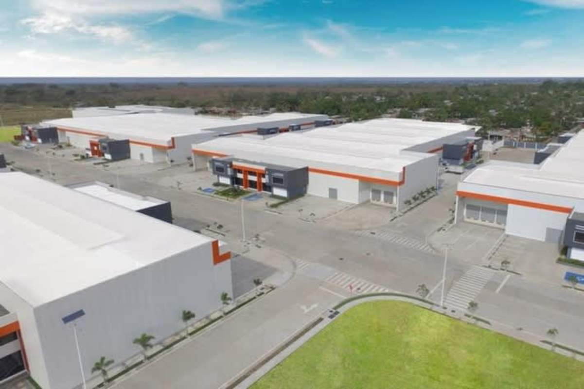 Overview aerial of Panapark Free Zone warehouses complex in Panama east zone off Via Tocumen