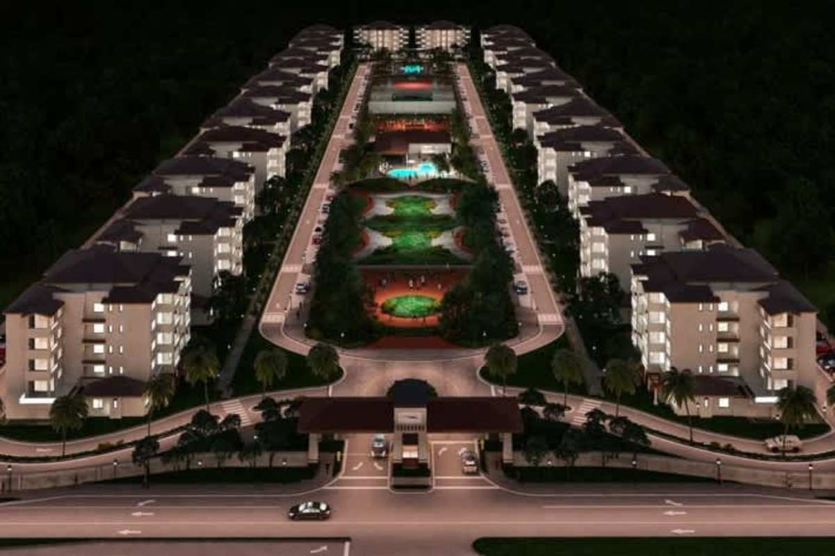 Daytime aerial with gardens sports courts pools at PH Costa Mare Costa Sur Panama City