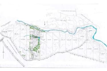 Overhead view of open farmland plots surrounded by trees and internal vehicle paths San Carlos Panama