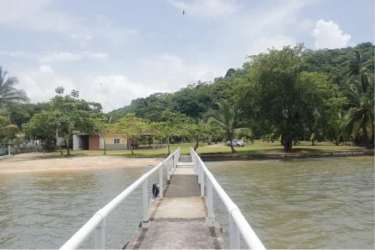 Wooden pier over calm Caribbean water connected to spacious sandy beach and lush greenery in Portobelo Panama