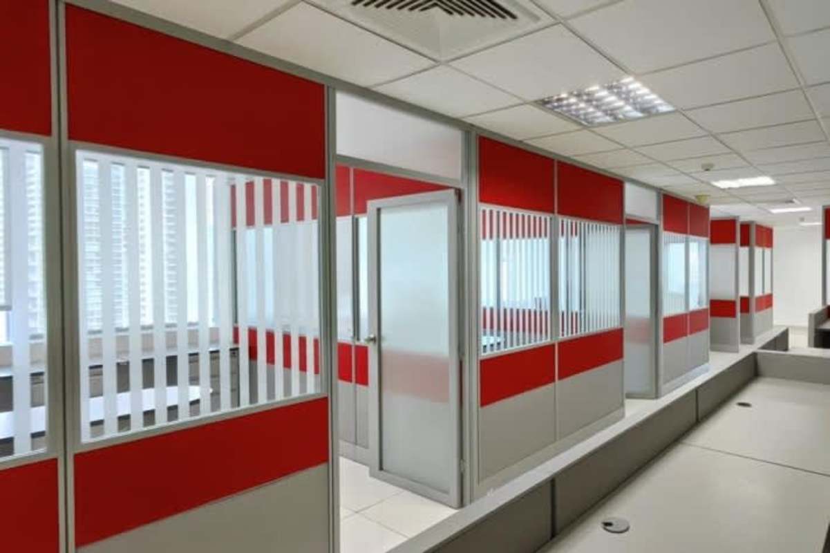 Private cubicles with frosted glass in modern office at PH Oceania Punta Pacifica Panama