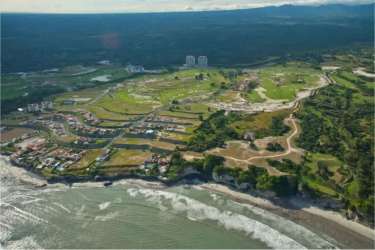 Aerial oceanfront view of Vista Mar luxury residences, marina, golf course in San Carlos Panama