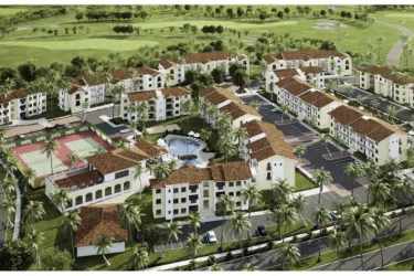 Modern Mediterranean apartment buildings at Marina Golf Panama with terracotta roofs and balconies