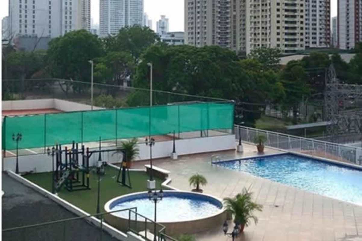 Outdoor terrace area covered with gazebo surrounded by city skyline at PH San Francisco Bay Panama
