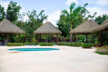 Thatch roof pavilion and palm trees at exclusive Paradise Point beach club Coronado Panama