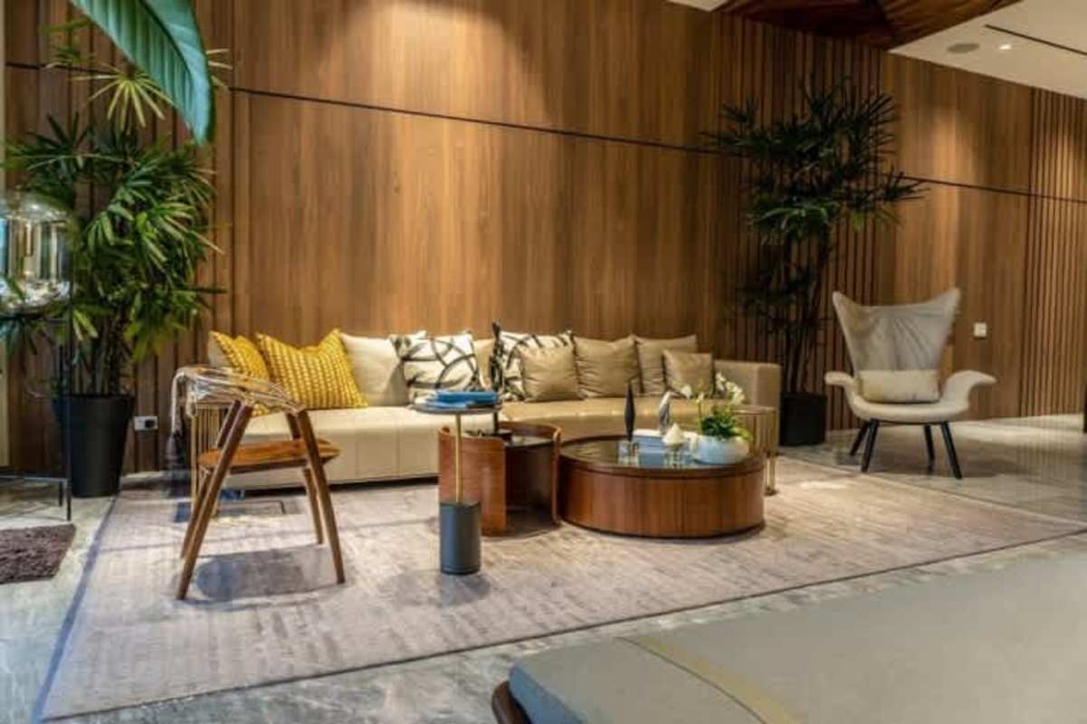 Gourmet kitchen with marble waterfall island and integrated appliances in PH Garden Ocean Reef