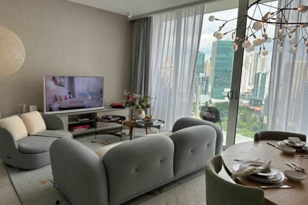Modern bright living room with skyline views Wanders Yoo Bella Vista Panama