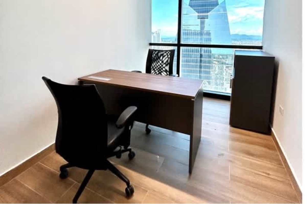 Private bright small office with skyline high-rise view Tower Financial Center Panama