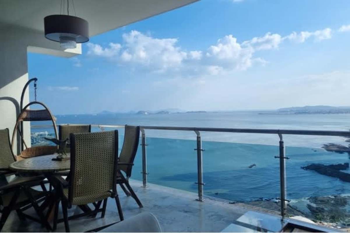 Elegant marble floor living area with ocean views Punta Pacifica apartment for sale Hola Realty