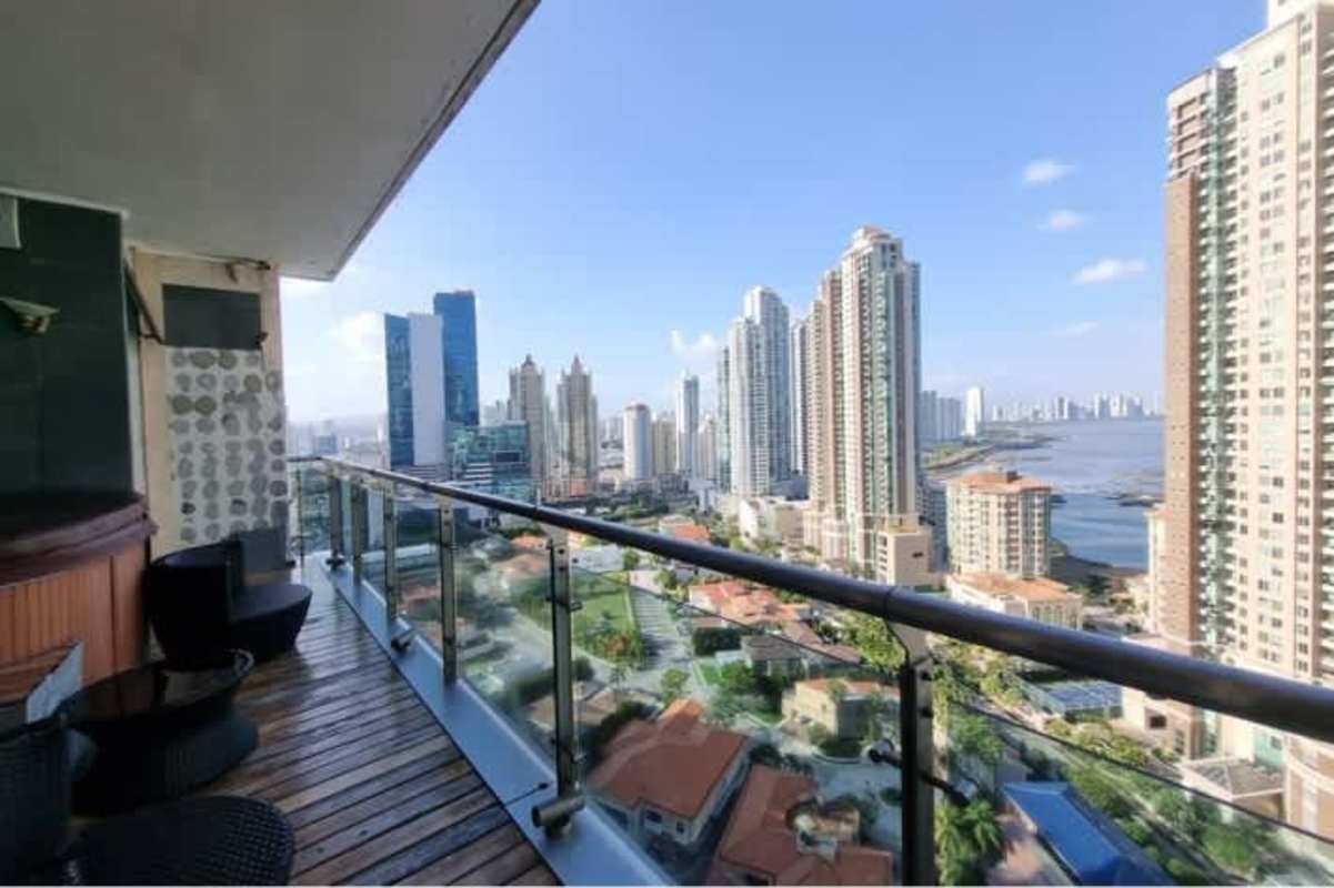 Granite kitchen with stainless appliances and island in Punta Pacifica luxury condo Panama