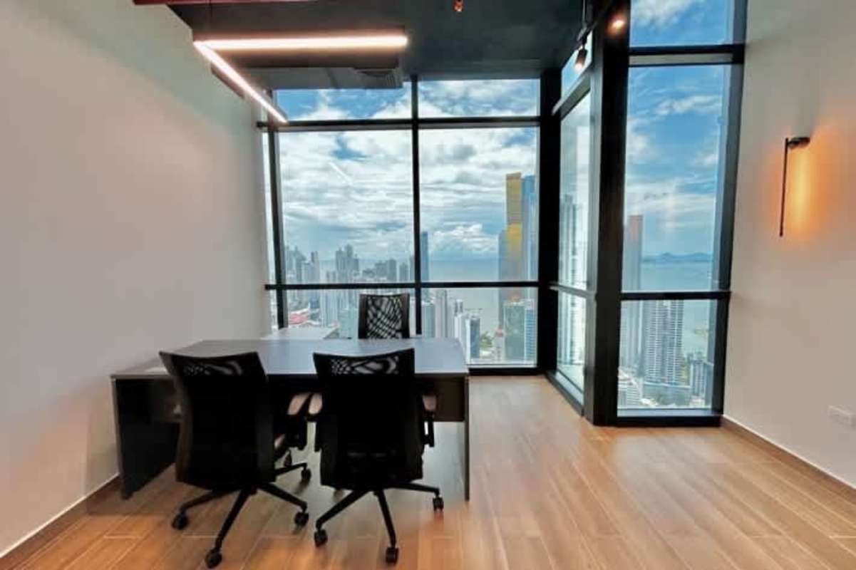 Modern meeting room with large windows and skyline view in Tower Financial Center office for rent Obarrio Panama