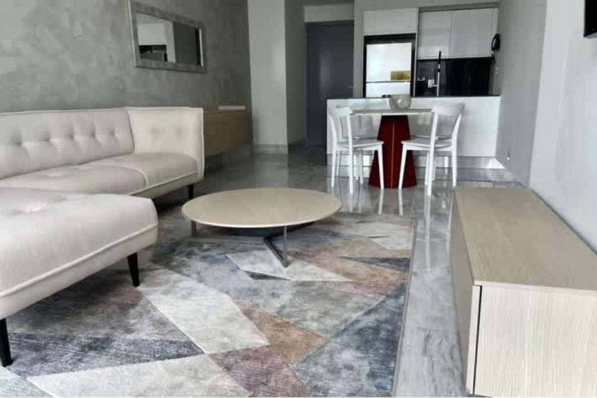 Minimalist apartment open living dining space marble floors city Panama
