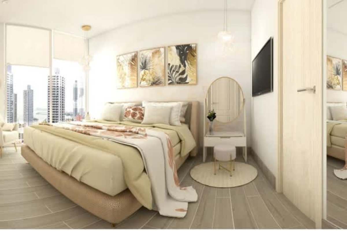 Bright master bedroom with large windows, city skyline view in PH Azurre 42 Bella Vista Panama