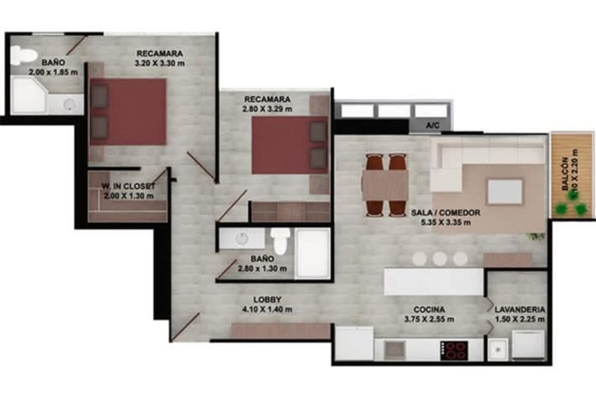 Modern apartment floor plan with two bedrooms, two bathrooms, kitchen, laundry and balcony at PH Azurre 42