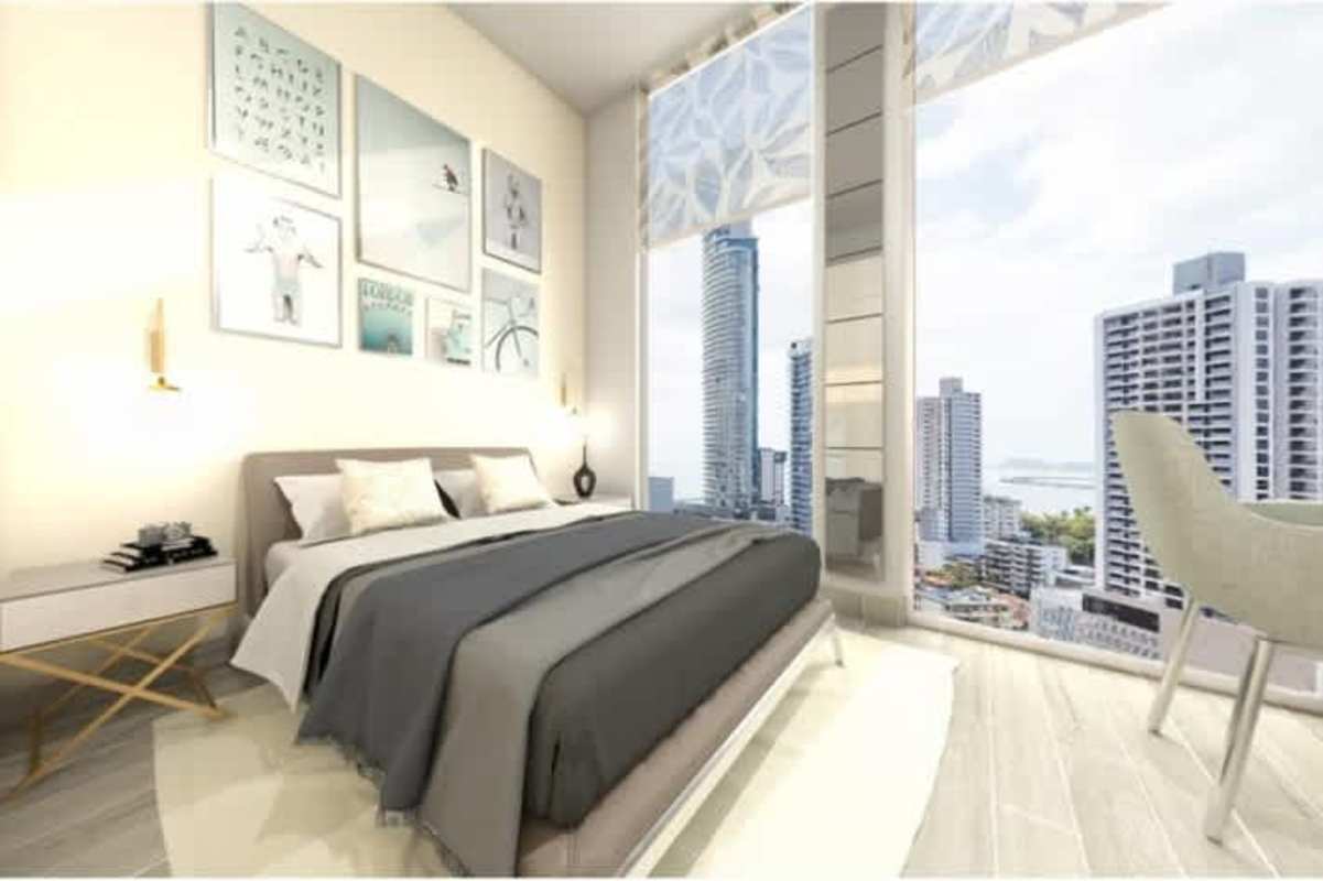 Bright bedroom with panoramic skyline view, minimalist decor in PH Azurre 42 Panama City