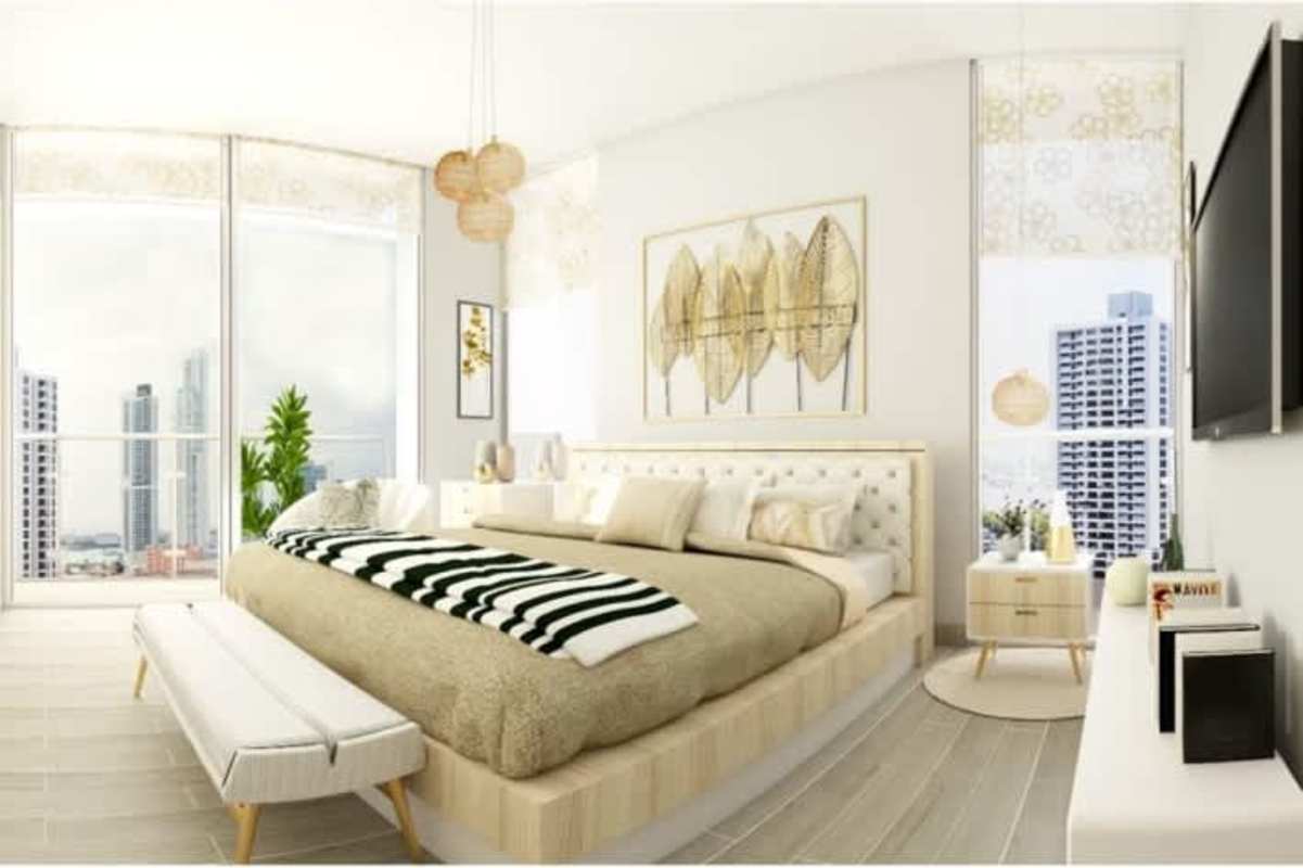 Master bedroom city skyline view, large windows, minimalist furniture at PH Azurre 42 Panama