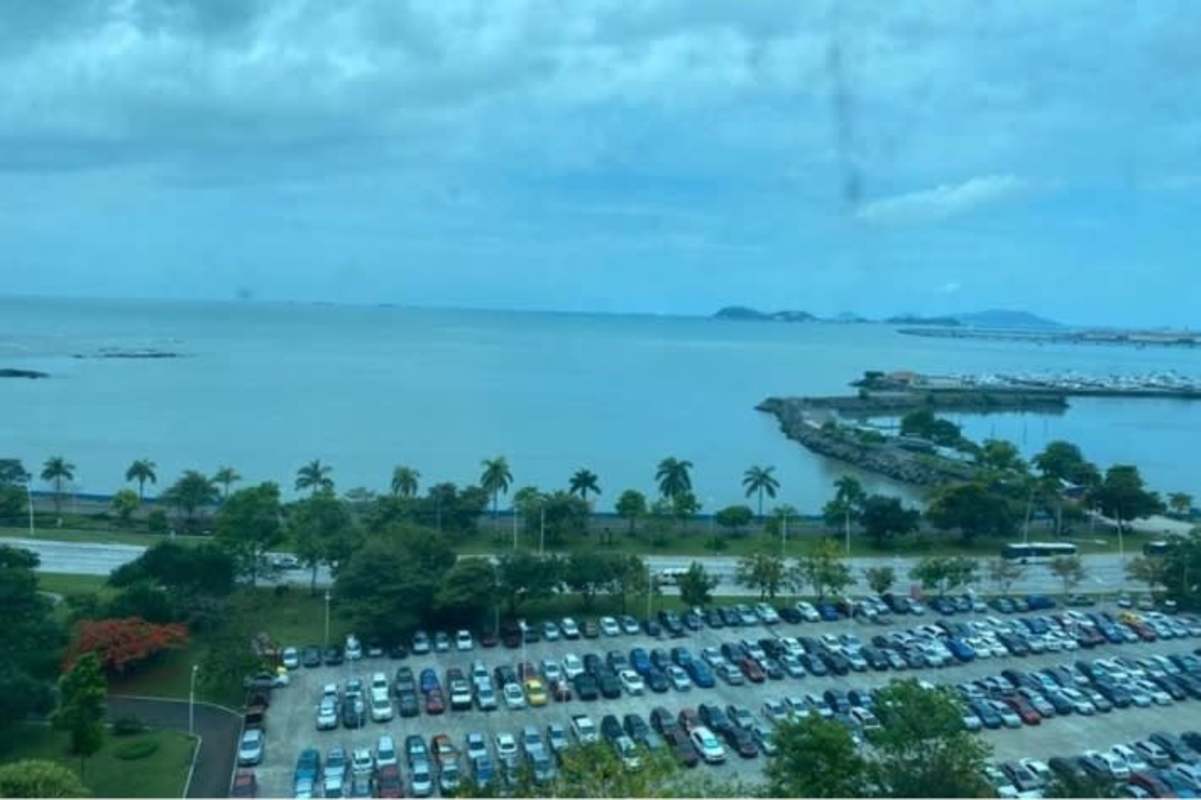 Views of marina, parking, palm trees and oceanfront from PH Villa del Mar on Avenida Balboa