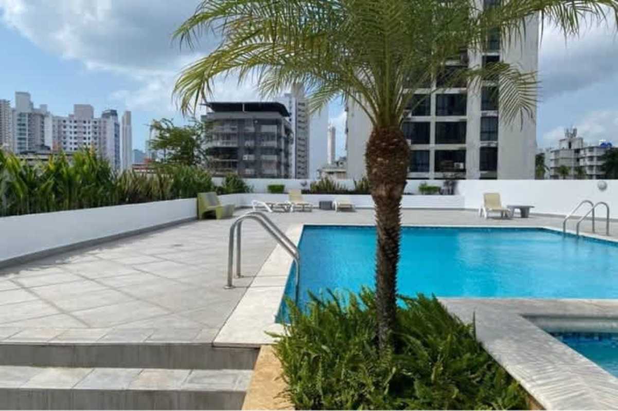 Rooftop swimming pool overlooking Panama City skyline in PH El Cangrejo